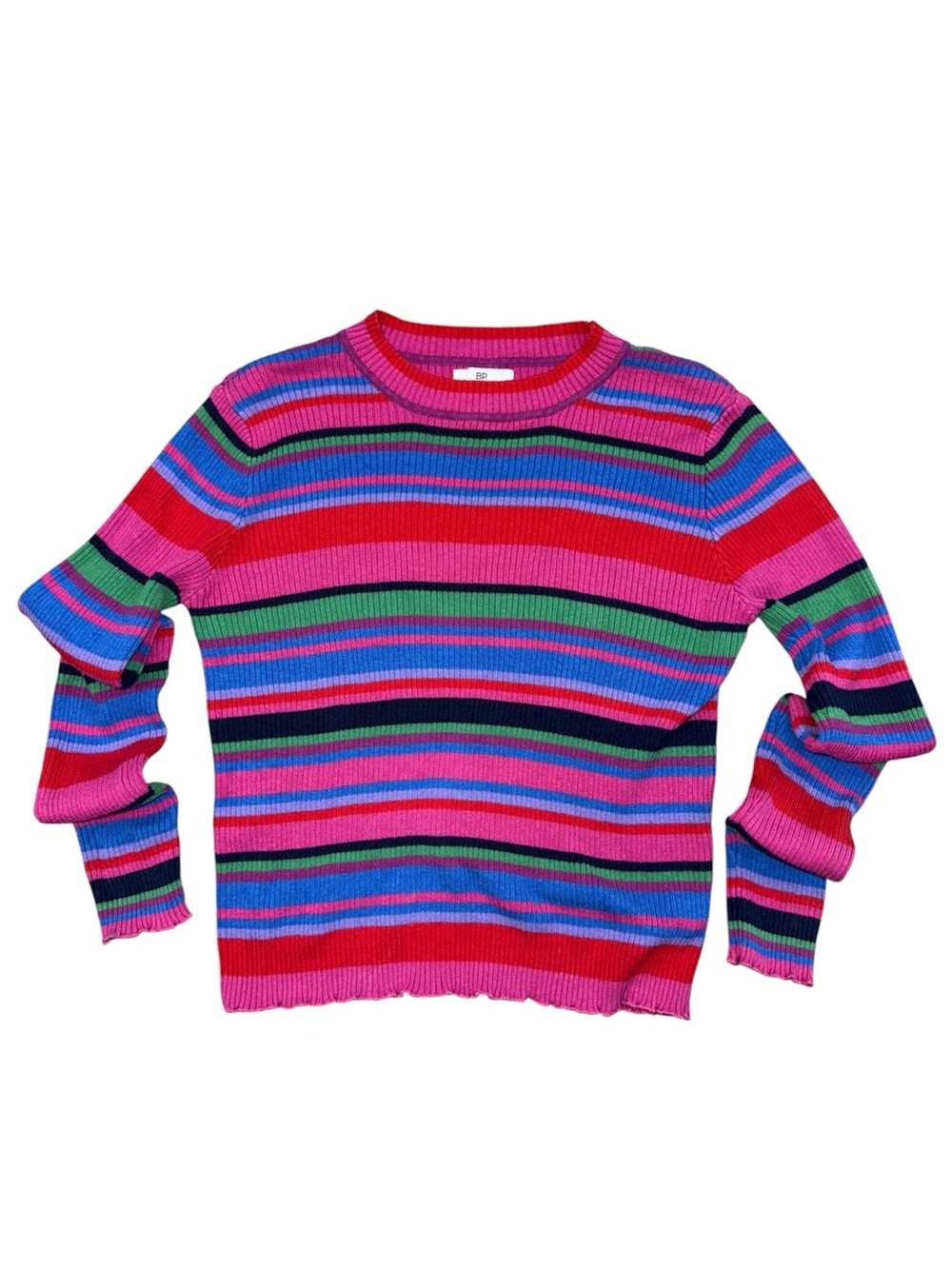 Ribbed Striped Vintage Y2K Cotton Long Sleeve Colorful Ruffle Hem Mall Academia